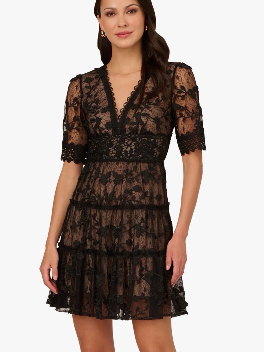 Adrianna Papell Black Floral Lace V-Neck Dress Size 14 Black